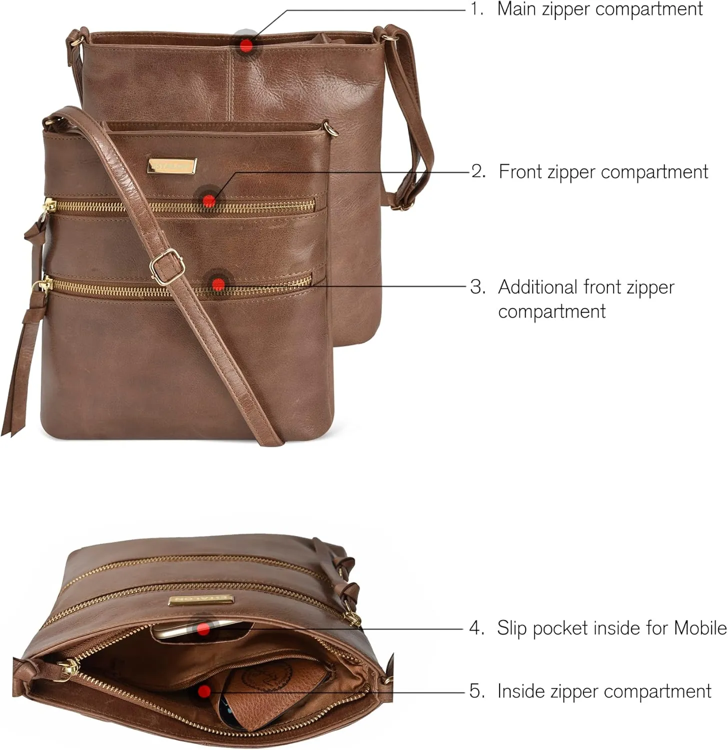 ESTALON Women's Genuine Leather Crossbody Bag With Adjustable Sling Strap - Medium Size Crossover Shoulder Purse