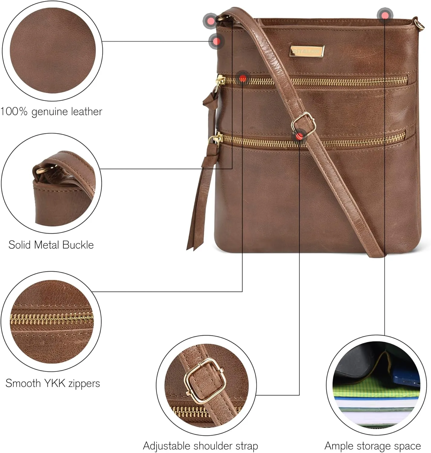 ESTALON Women's Genuine Leather Crossbody Bag With Adjustable Sling Strap - Medium Size Crossover Shoulder Purse