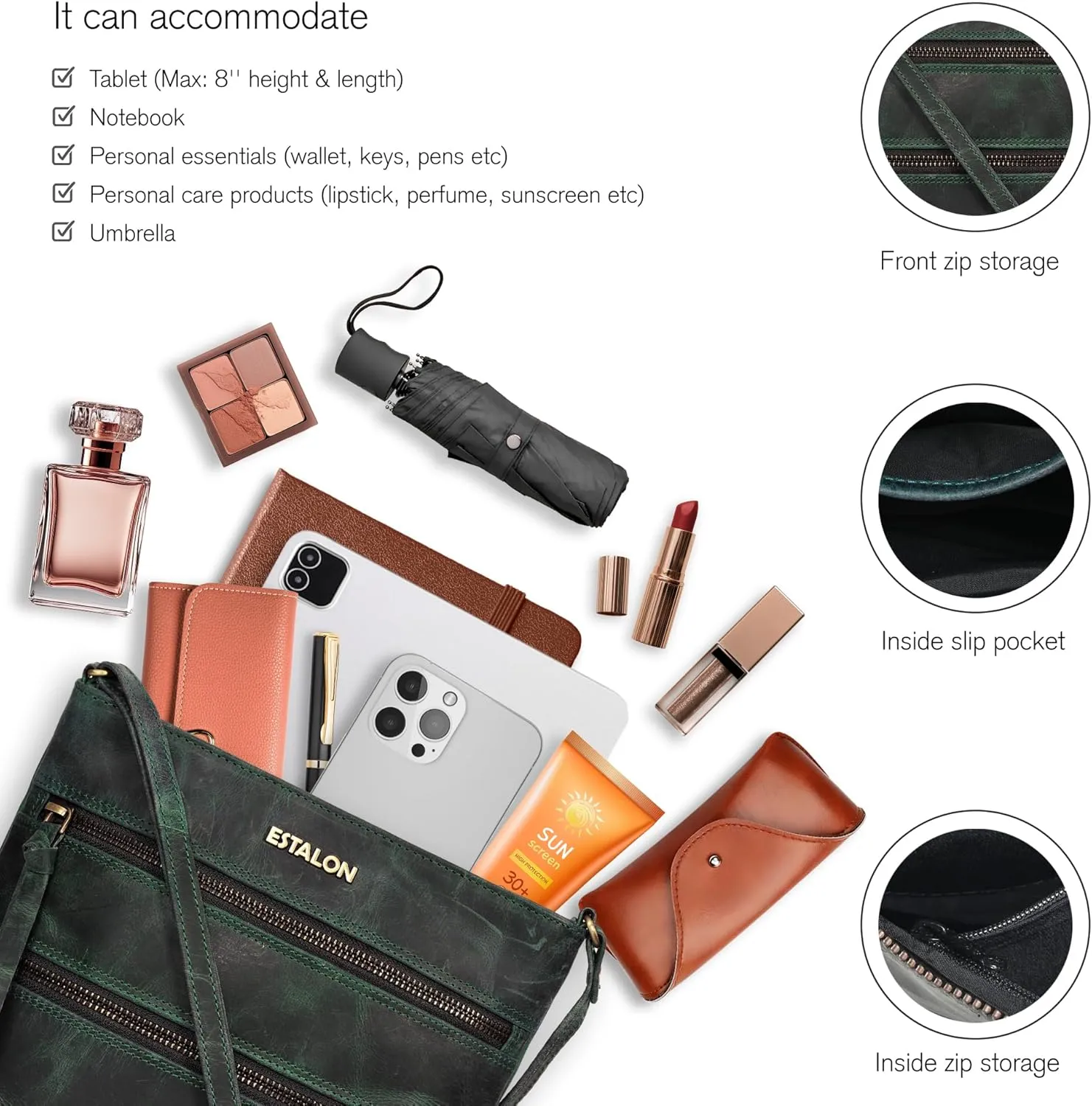 ESTALON Women's Genuine Leather Crossbody Bag With Adjustable Sling Strap - Medium Size Crossover Shoulder Purse
