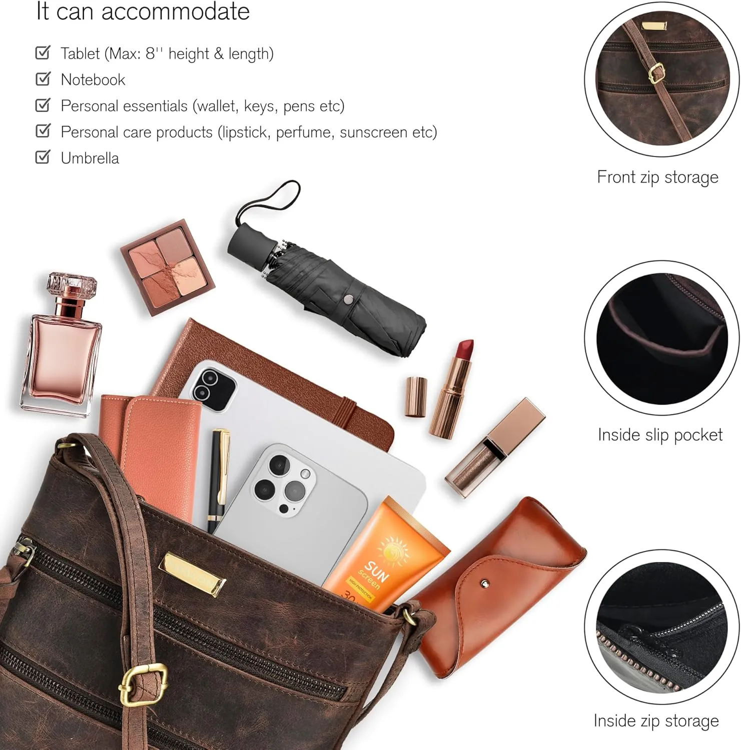 ESTALON Women's Genuine Leather Crossbody Bag With Adjustable Sling Strap - Medium Size Crossover Shoulder Purse