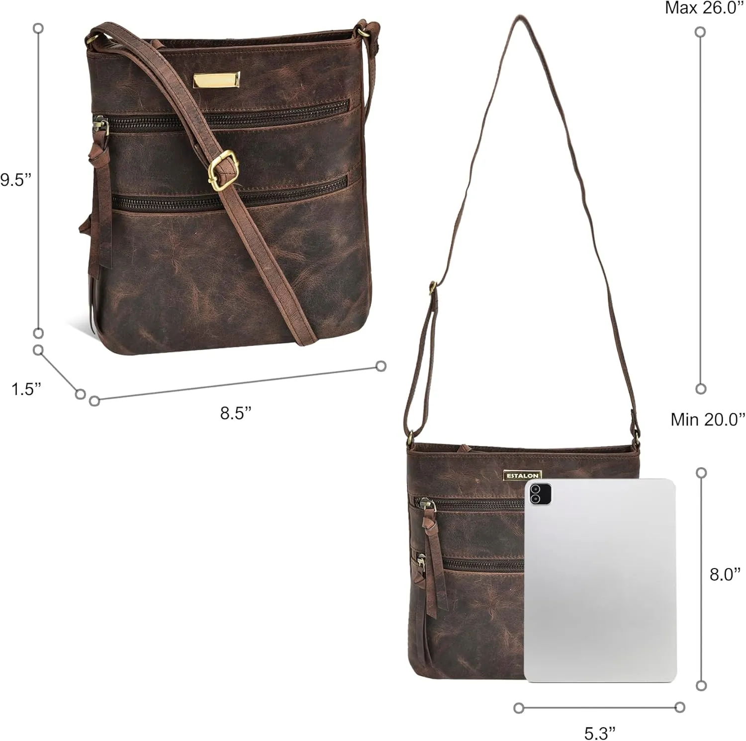 ESTALON Women's Genuine Leather Crossbody Bag With Adjustable Sling Strap - Medium Size Crossover Shoulder Purse