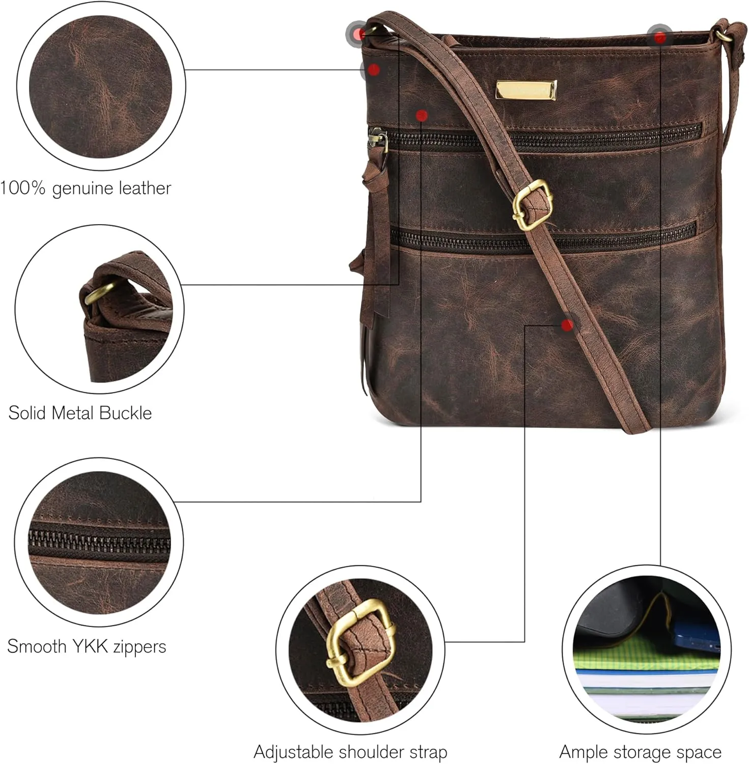 ESTALON Women's Genuine Leather Crossbody Bag With Adjustable Sling Strap - Medium Size Crossover Shoulder Purse