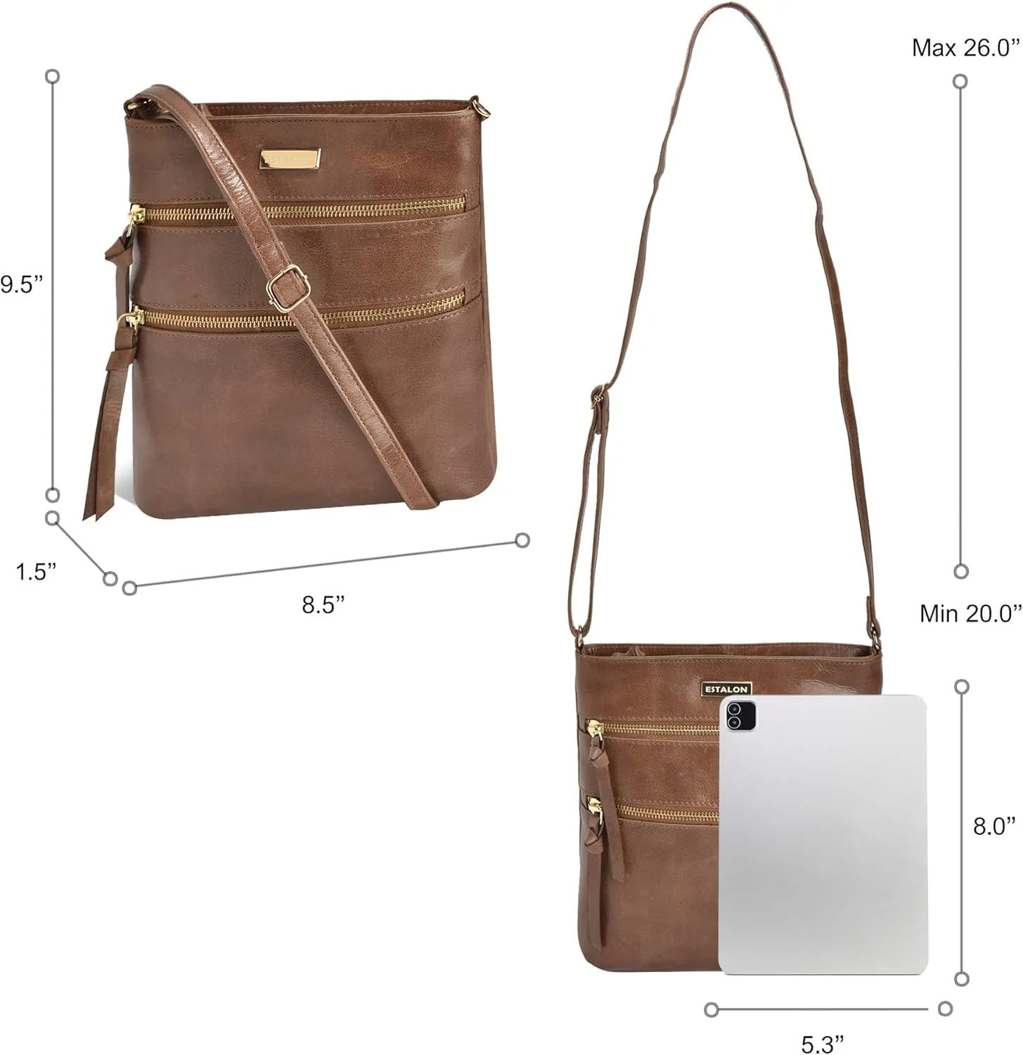 ESTALON Women's Genuine Leather Crossbody Bag With Adjustable Sling Strap - Medium Size Crossover Shoulder Purse