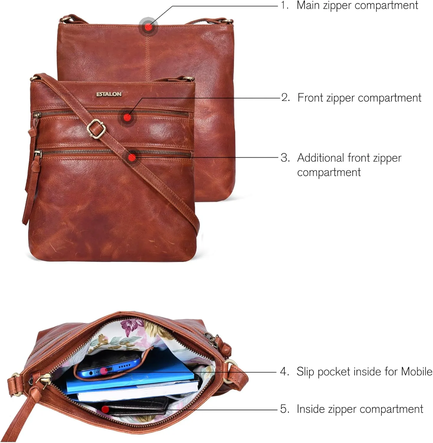 ESTALON Women's Genuine Leather Crossbody Bag With Adjustable Sling Strap - Medium Size Crossover Shoulder Purse