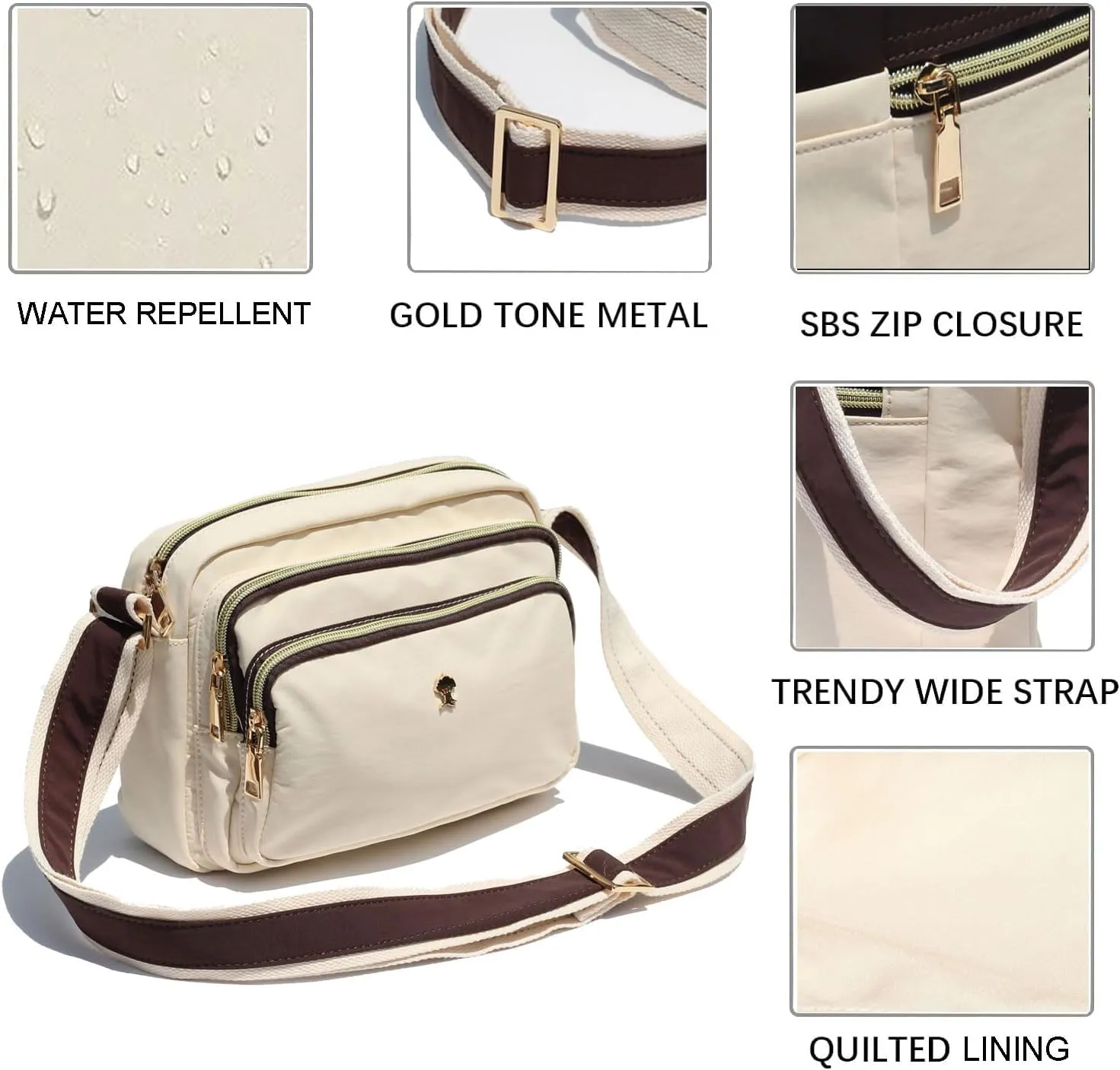 ESVAN Triple Zip Crossbody Bags for Women Fashion Ladies Purse Multi-Pocket Handbags Messenger Shoulder Bag