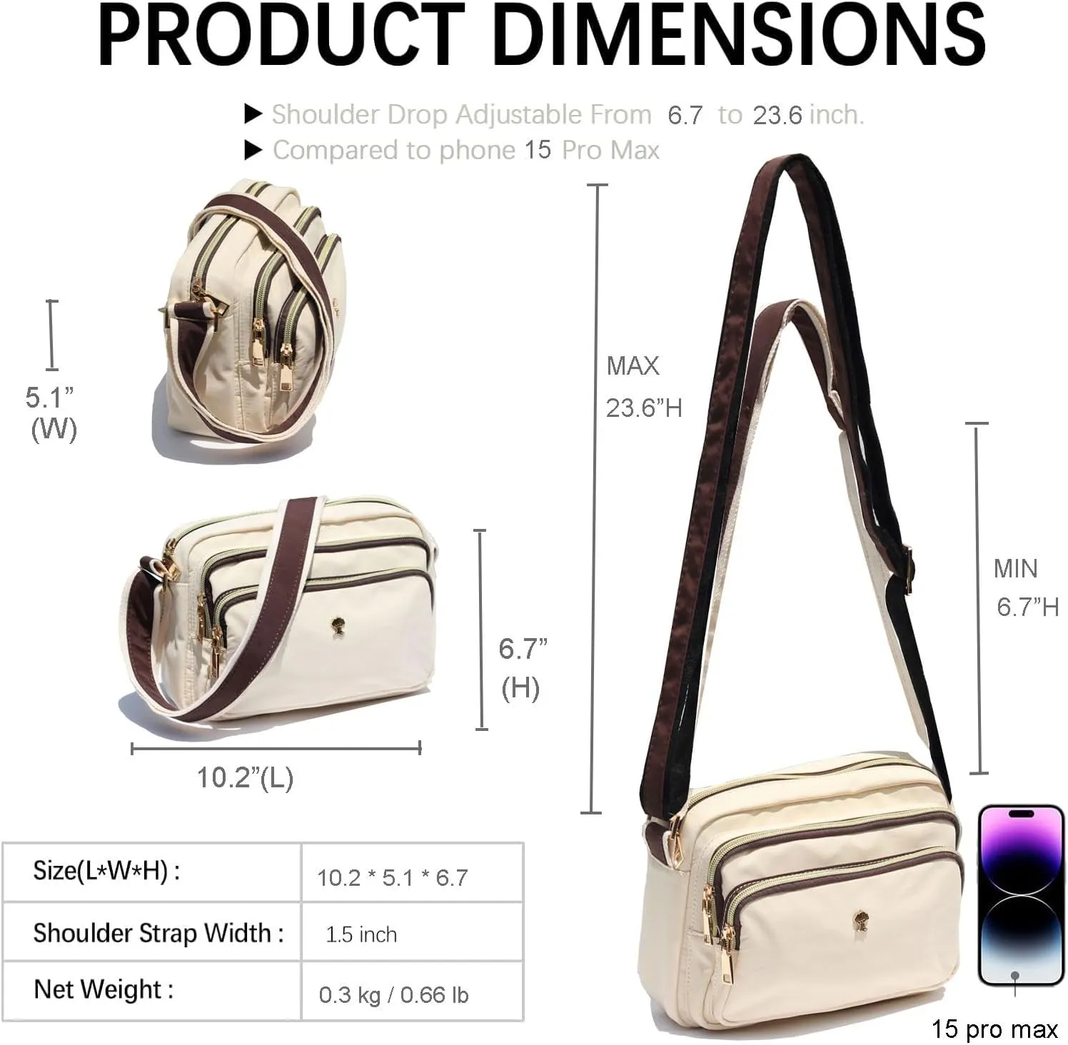 ESVAN Triple Zip Crossbody Bags for Women Fashion Ladies Purse Multi-Pocket Handbags Messenger Shoulder Bag