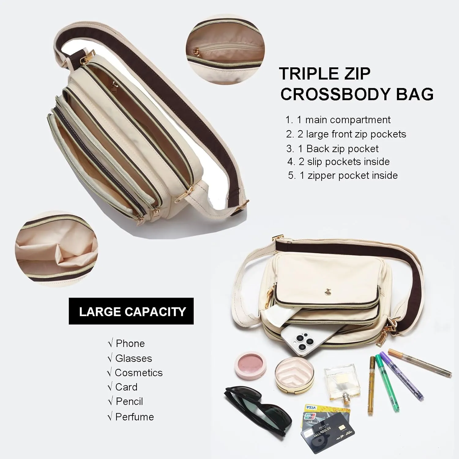 ESVAN Triple Zip Crossbody Bags for Women Fashion Ladies Purse Multi-Pocket Handbags Messenger Shoulder Bag