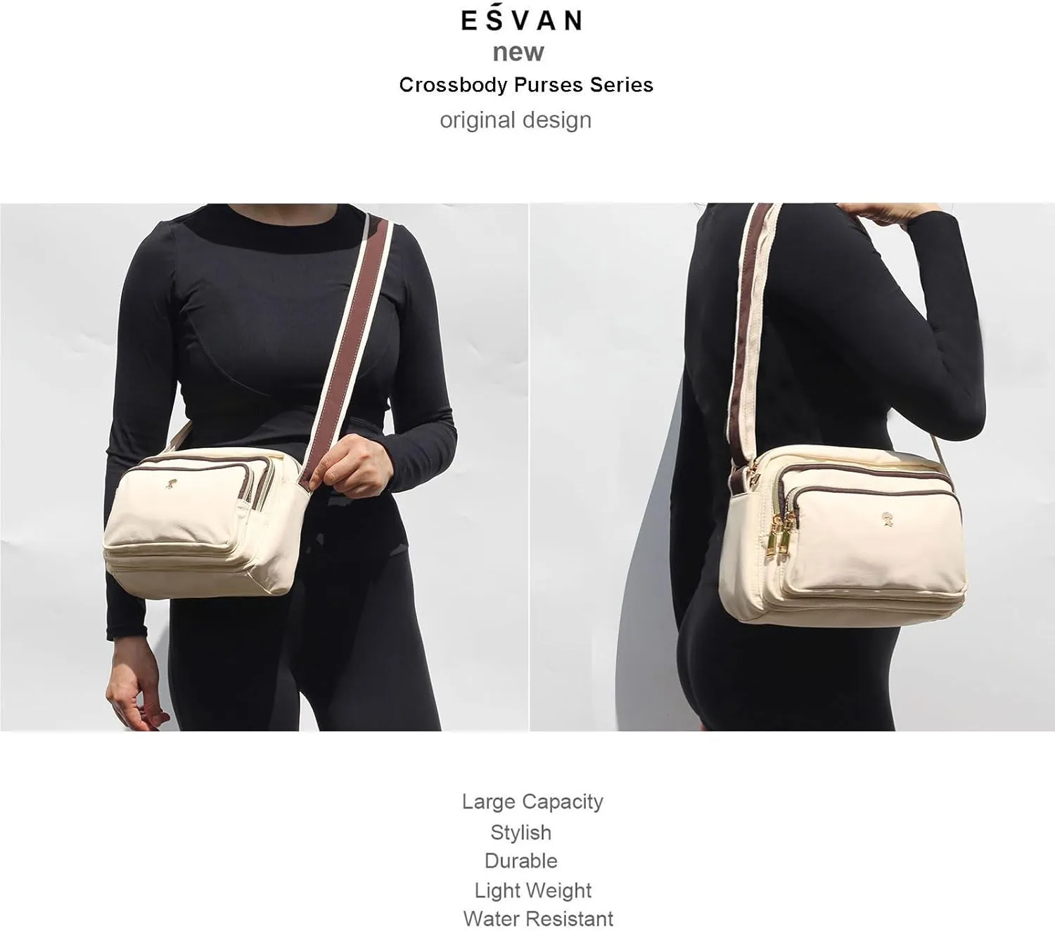 ESVAN Triple Zip Crossbody Bags for Women Fashion Ladies Purse Multi-Pocket Handbags Messenger Shoulder Bag