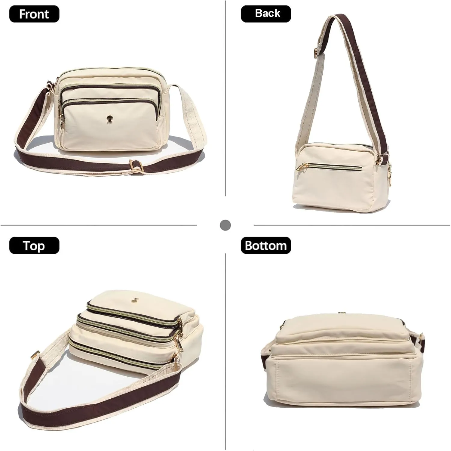 ESVAN Triple Zip Crossbody Bags for Women Fashion Ladies Purse Multi-Pocket Handbags Messenger Shoulder Bag