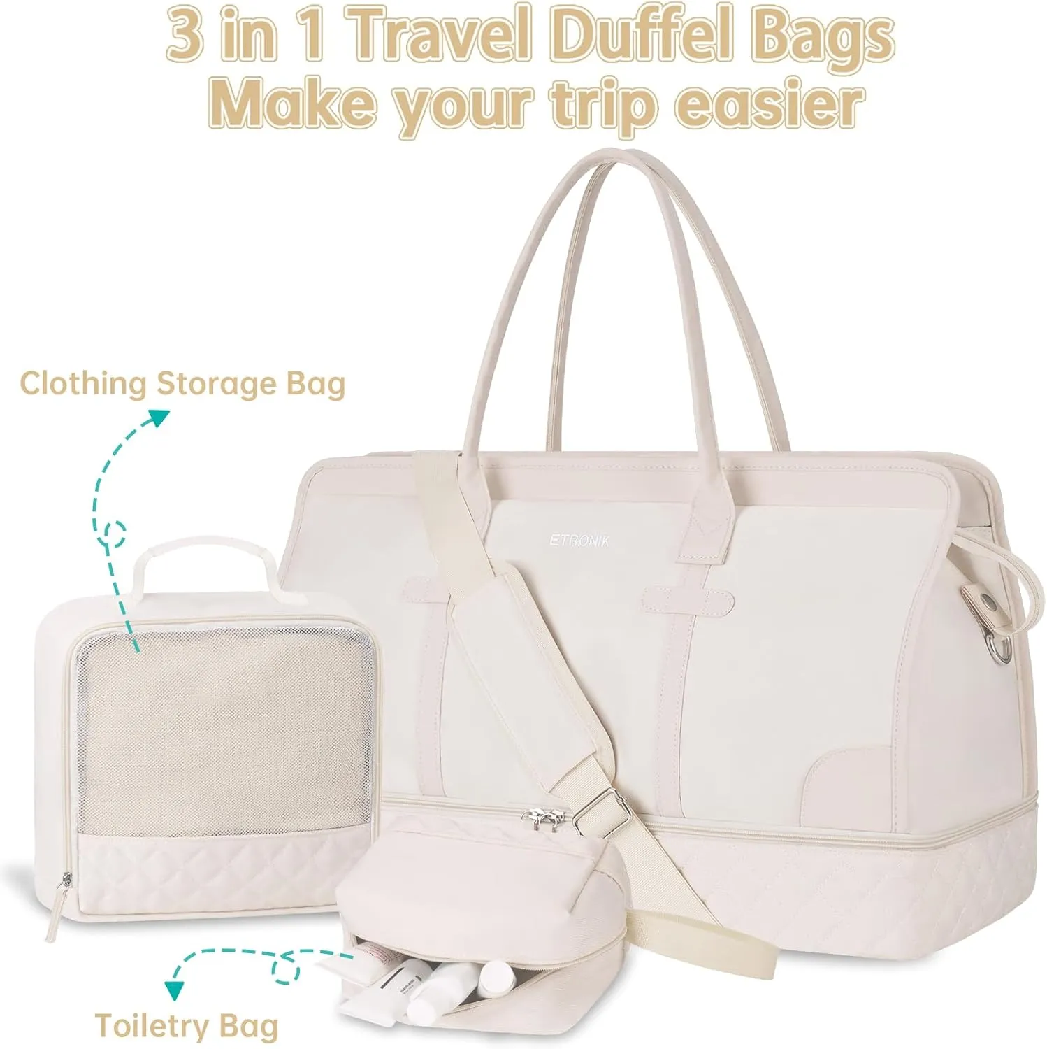 ETRONIK Weekender Overnight Bag for Women, Large Travel Duffle Bag with Shoe Compartment & Wet Pocket, Carry On Tote Bag Gym Duffel Bag with Toiletry Bag, Bag for Hospital 3 Pcs Set, XL Size, Beige