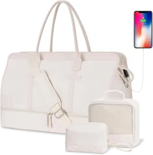 ETRONIK Weekender Overnight Bag for Women, Large Travel Duffle Bag with Shoe Compartment & Wet Pocket, Carry On Tote Bag Gym Duffel Bag with Toiletry Bag, Bag for Hospital 3 Pcs Set, XL Size, Beige