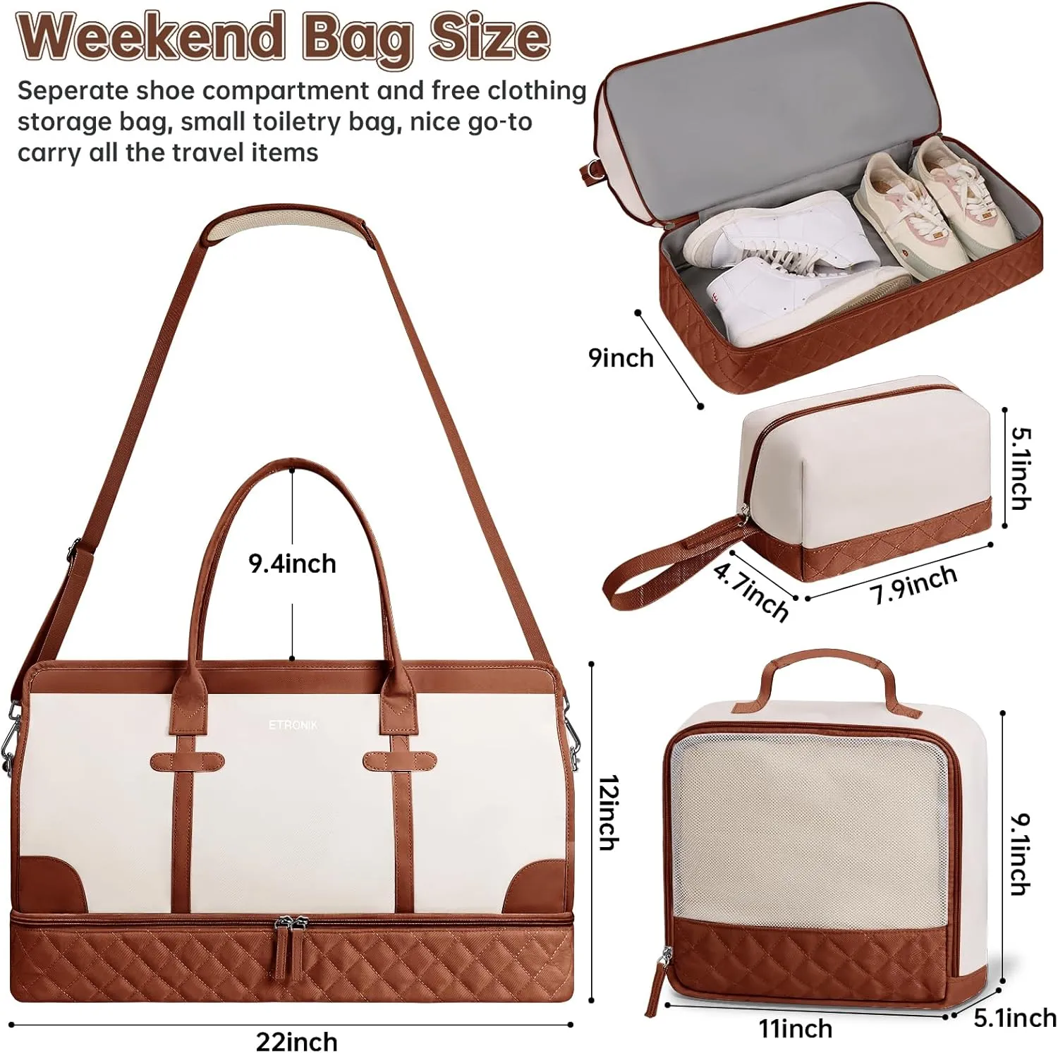 ETRONIK Weekender Overnight Bag for Women, Large Travel Duffle Bag with Shoe Compartment & Wet Pocket, Carry On Tote Bag Gym Duffel Bag with Toiletry Bag for Hospital 3 Pcs Set, XL Size, Beige-Brown