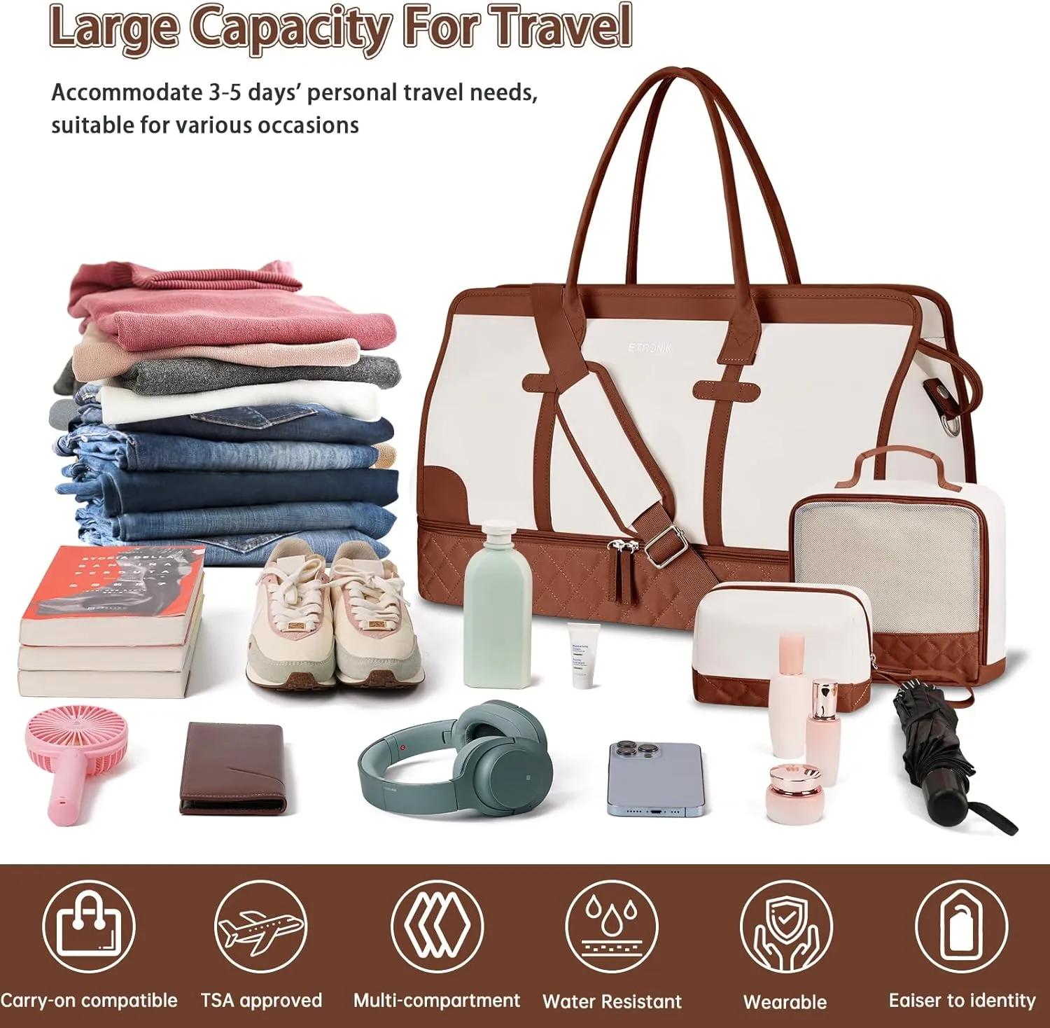 ETRONIK Weekender Overnight Bag for Women, Large Travel Duffle Bag with Shoe Compartment & Wet Pocket, Carry On Tote Bag Gym Duffel Bag with Toiletry Bag for Hospital 3 Pcs Set, XL Size, Beige-Brown
