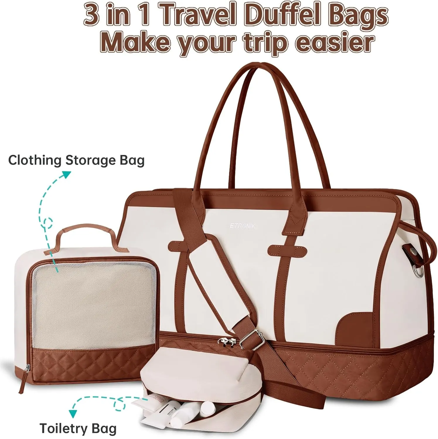 ETRONIK Weekender Overnight Bag for Women, Large Travel Duffle Bag with Shoe Compartment & Wet Pocket, Carry On Tote Bag Gym Duffel Bag with Toiletry Bag for Hospital 3 Pcs Set, XL Size, Beige-Brown
