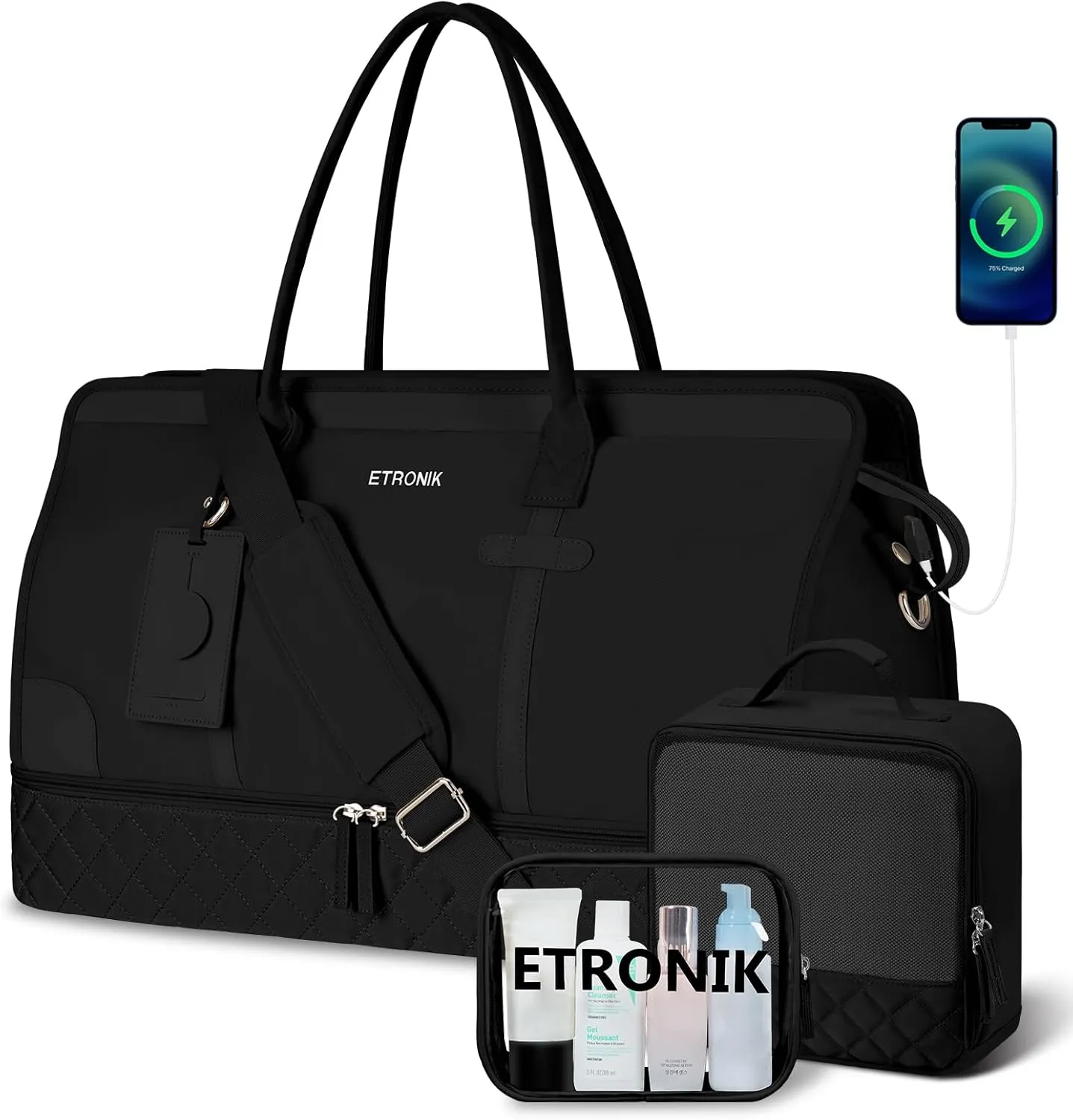 ETRONIK Weekender Overnight Bag with Toiletry Bag, Large Travel Duffle Bag with Shoe Compartment & Wet Pocket, Carry On Tote Bag Gym Duffel Bag with Toiletry Bag, Bag for Hospital 4 Pcs Set, Black