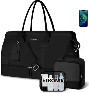ETRONIK Weekender Overnight Bag with Toiletry Bag, Large Travel Duffle Bag with Shoe Compartment & Wet Pocket, Carry On Tote Bag Gym Duffel Bag with Toiletry Bag, Bag for Hospital 4 Pcs Set, Black