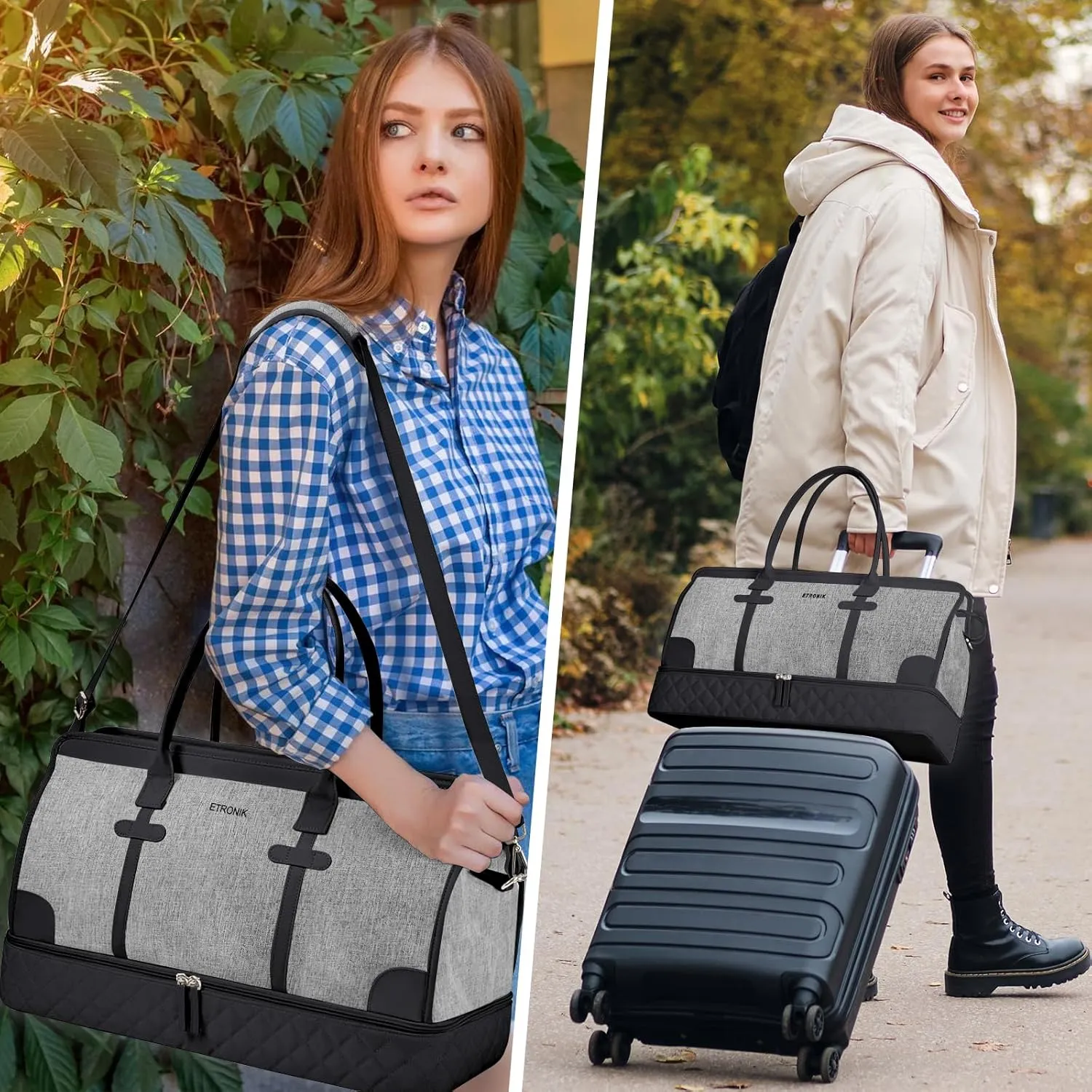 ETRONIK Weekender Overnight Bags for Women, Large Travel Duffle Bags with Shoe Compartment & Wet Pocket, Carry On Gym Bag with Toiletry Bags for Hospital 3 Pcs Set, Large Size, Black-Grey