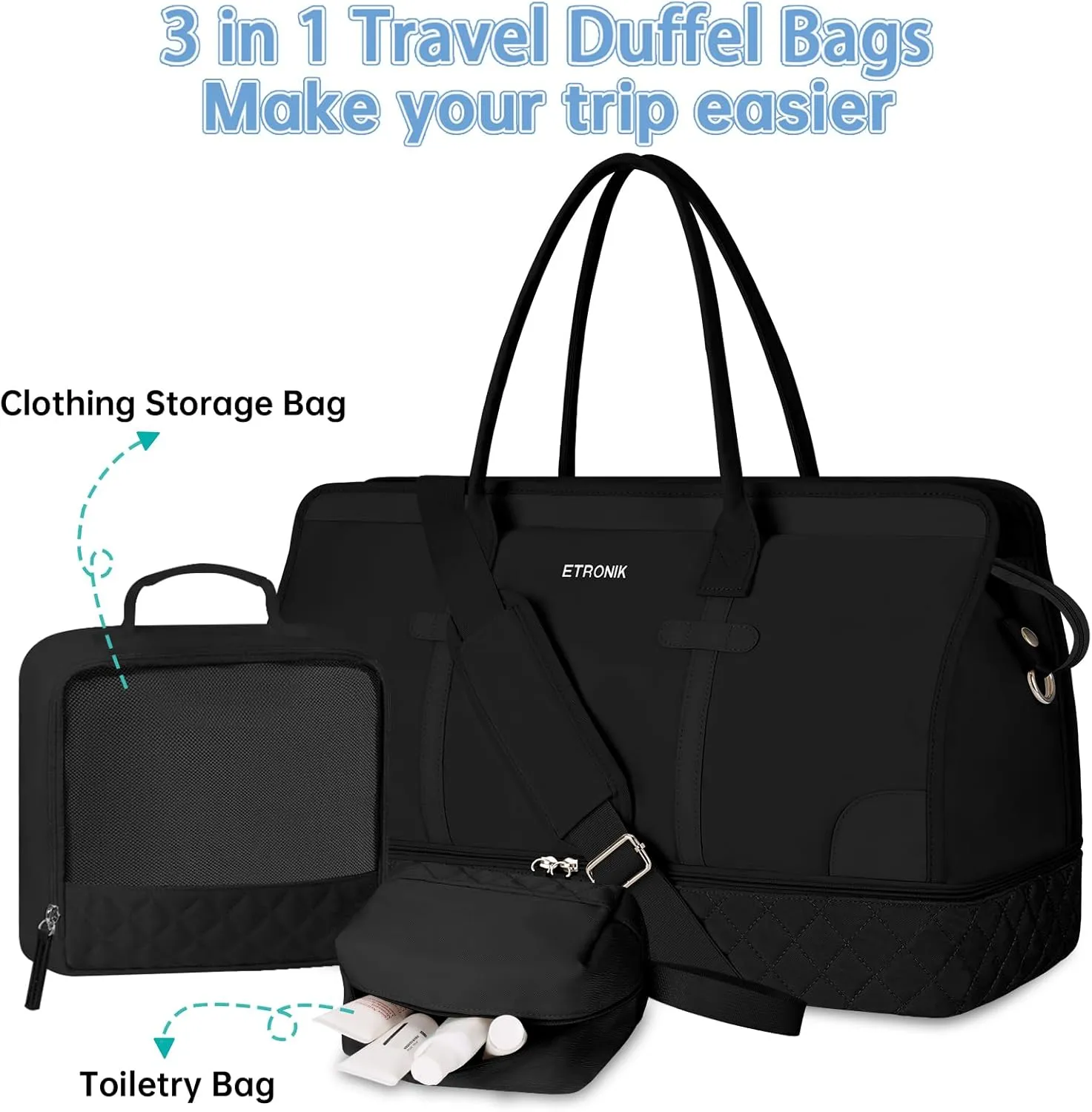 ETRONIK Weekender Overnight Duffle with Shoe Compartment & Wet Pocket, Carry On Gym Bag for Travel & Hospital, XL Black