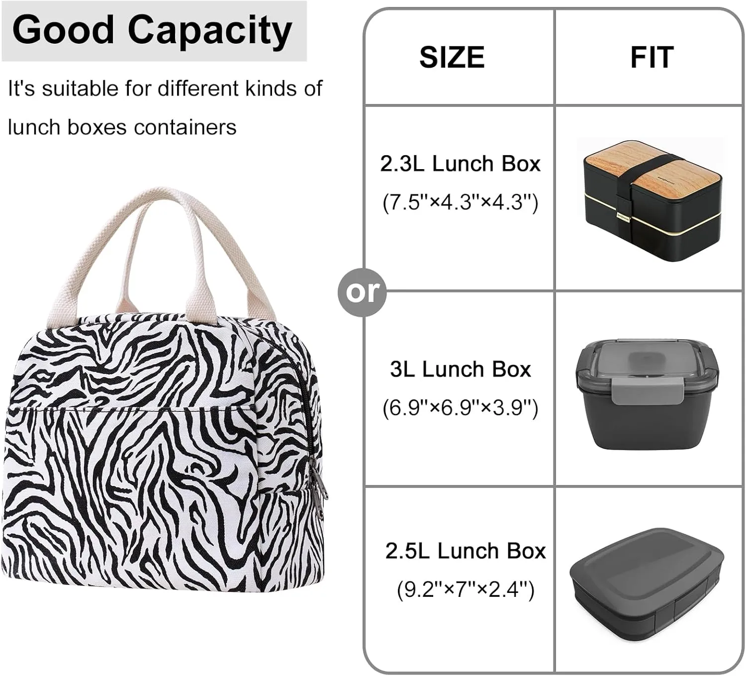 EurCross Sleek Black White Zebra-striped Lunch Tote Bag Trendy for Women, Lightweight, Reusable and Insulated Canvas Stylish Bento Box Bag for Adult Ladies on the go