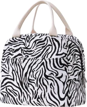 EurCross Sleek Black White Zebra-striped Lunch Tote Bag Trendy for Women, Lightweight, Reusable and Insulated Canvas Stylish Bento Box Bag for Adult Ladies on the go