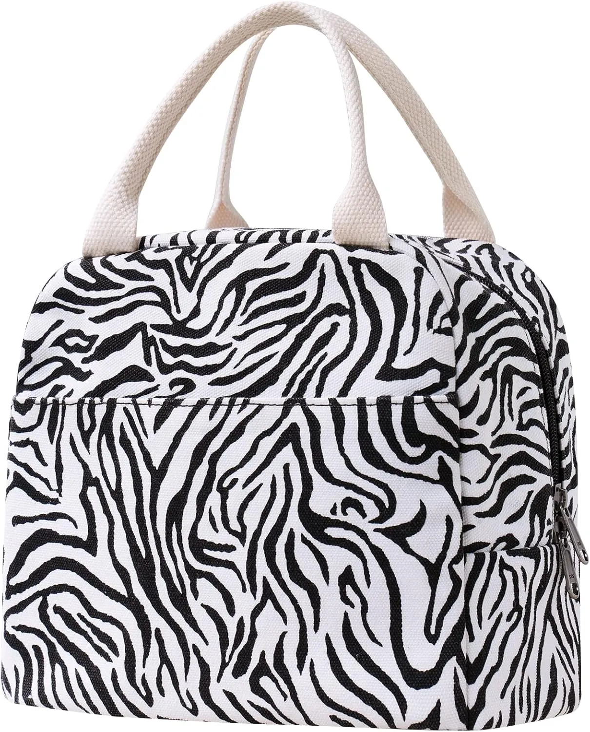 EurCross Sleek Black White Zebra-striped Lunch Tote Bag Trendy for Women, Lightweight, Reusable and Insulated Canvas Stylish Bento Box Bag for Adult Ladies on the go