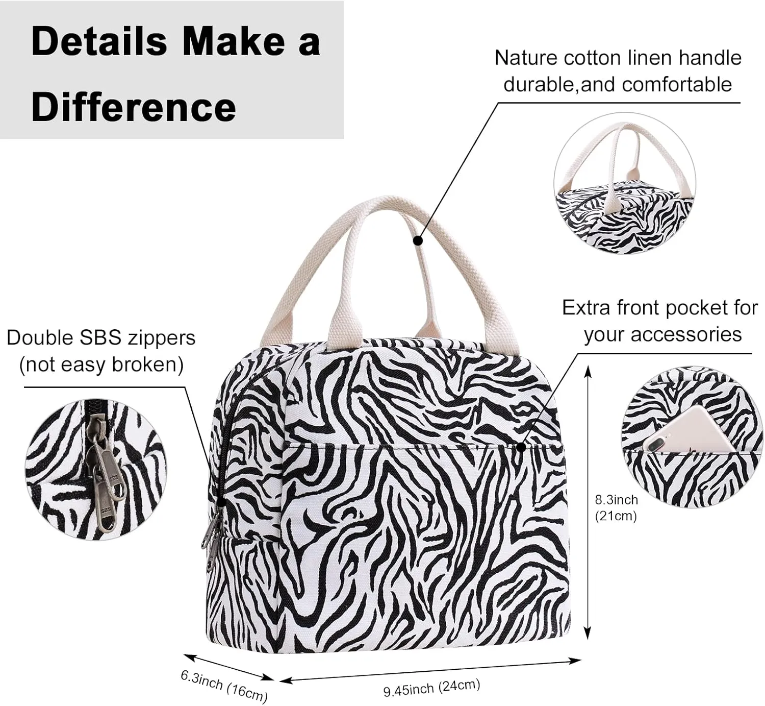 EurCross Sleek Black White Zebra-striped Lunch Tote Bag Trendy for Women, Lightweight, Reusable and Insulated Canvas Stylish Bento Box Bag for Adult Ladies on the go