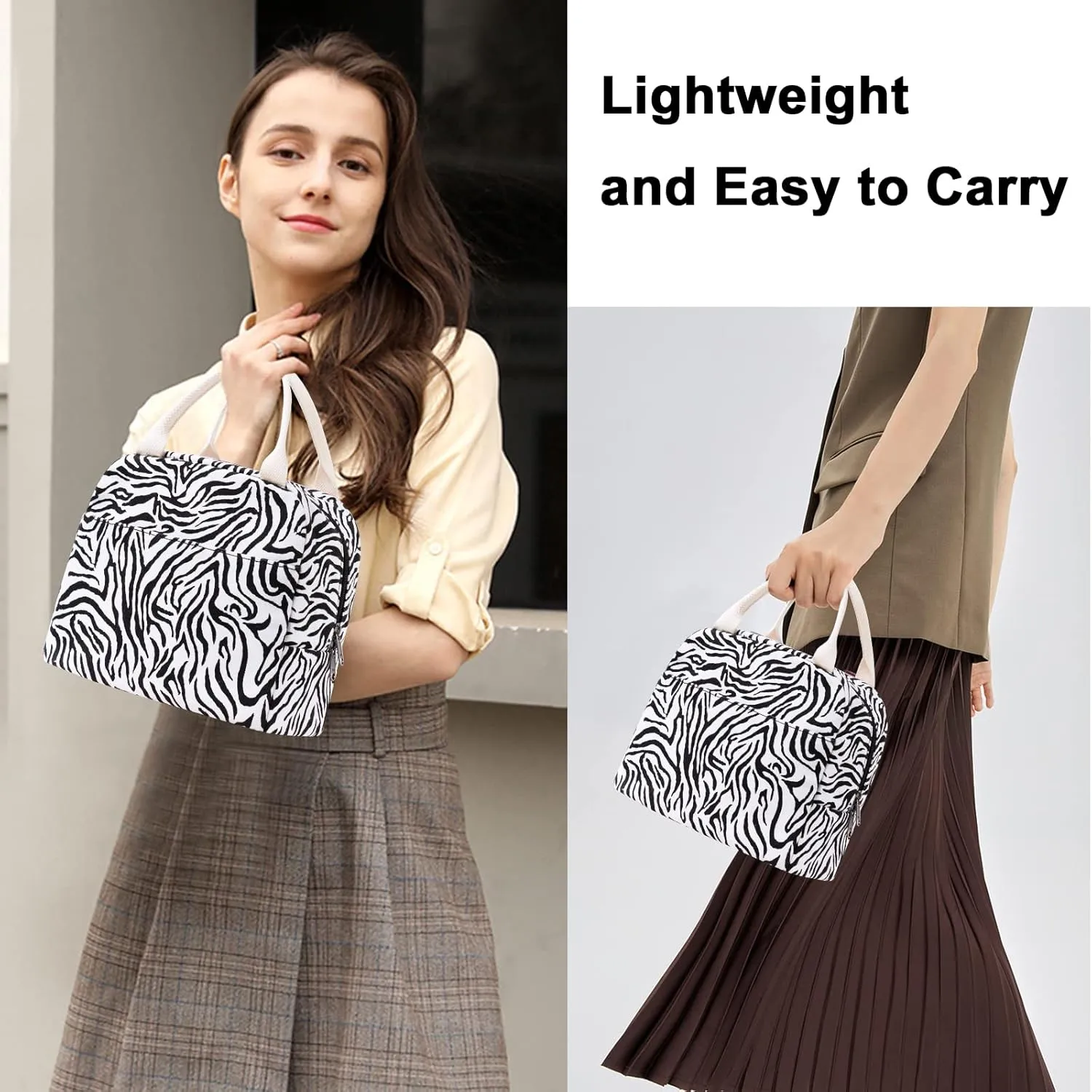 EurCross Sleek Black White Zebra-striped Lunch Tote Bag Trendy for Women, Lightweight, Reusable and Insulated Canvas Stylish Bento Box Bag for Adult Ladies on the go