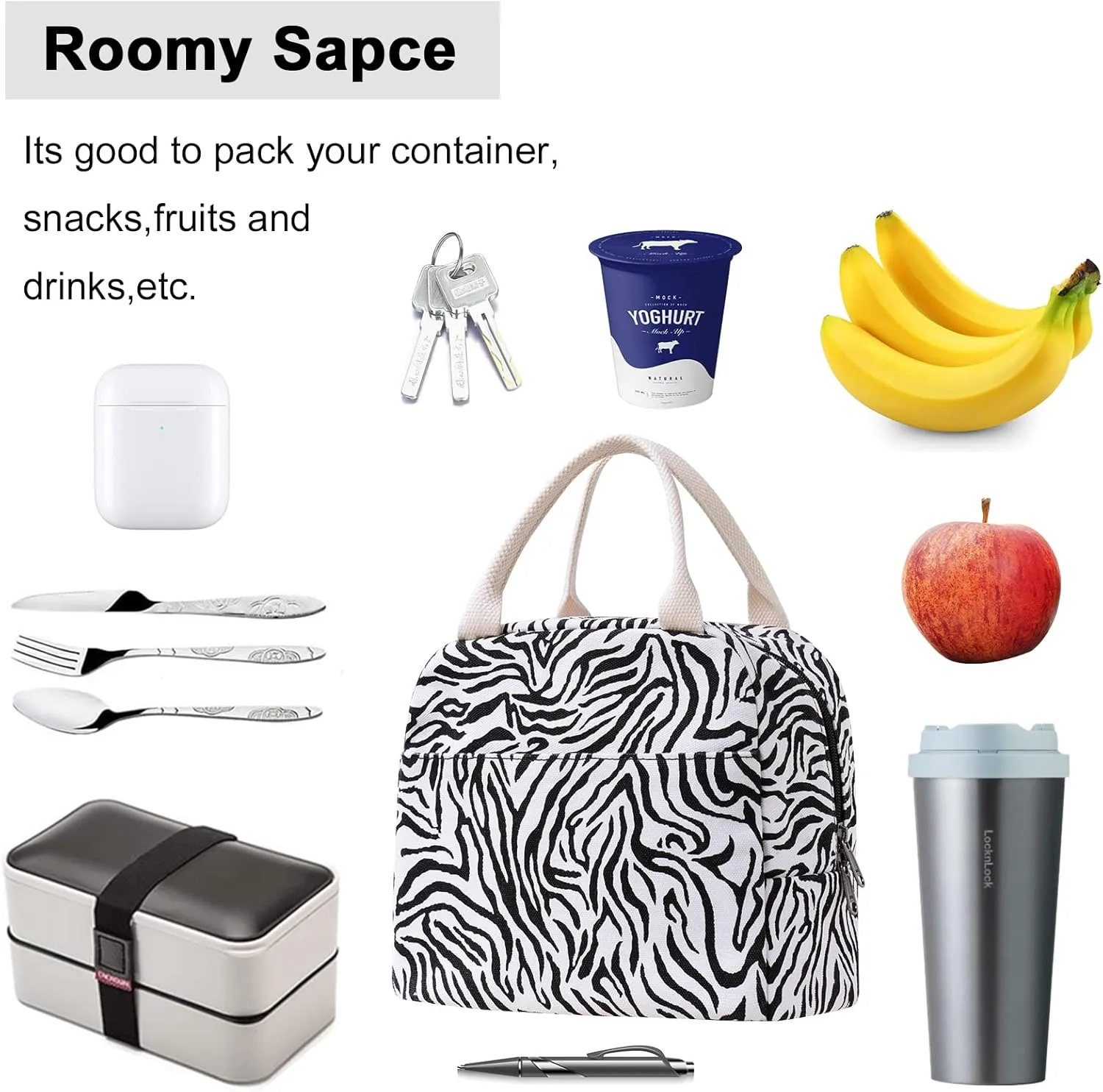 EurCross Sleek Black White Zebra-striped Lunch Tote Bag Trendy for Women, Lightweight, Reusable and Insulated Canvas Stylish Bento Box Bag for Adult Ladies on the go