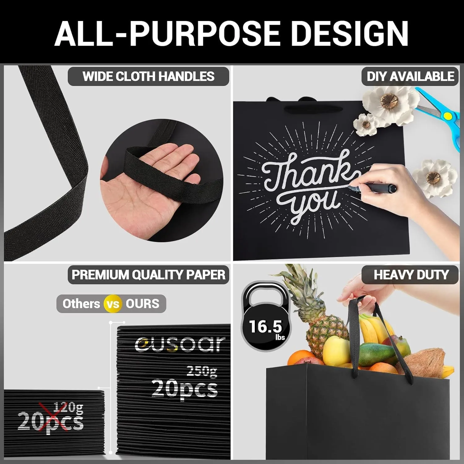 EUSOAR Gift Wrap Bags Bulk, 30pcs Black Heavy Duty Reusable Craft Handle Kraft Bags with 3 sizes, Recyclable Shopping Bags for Boutique, Grocery, Retail, Business, Party Favor, Birthdays