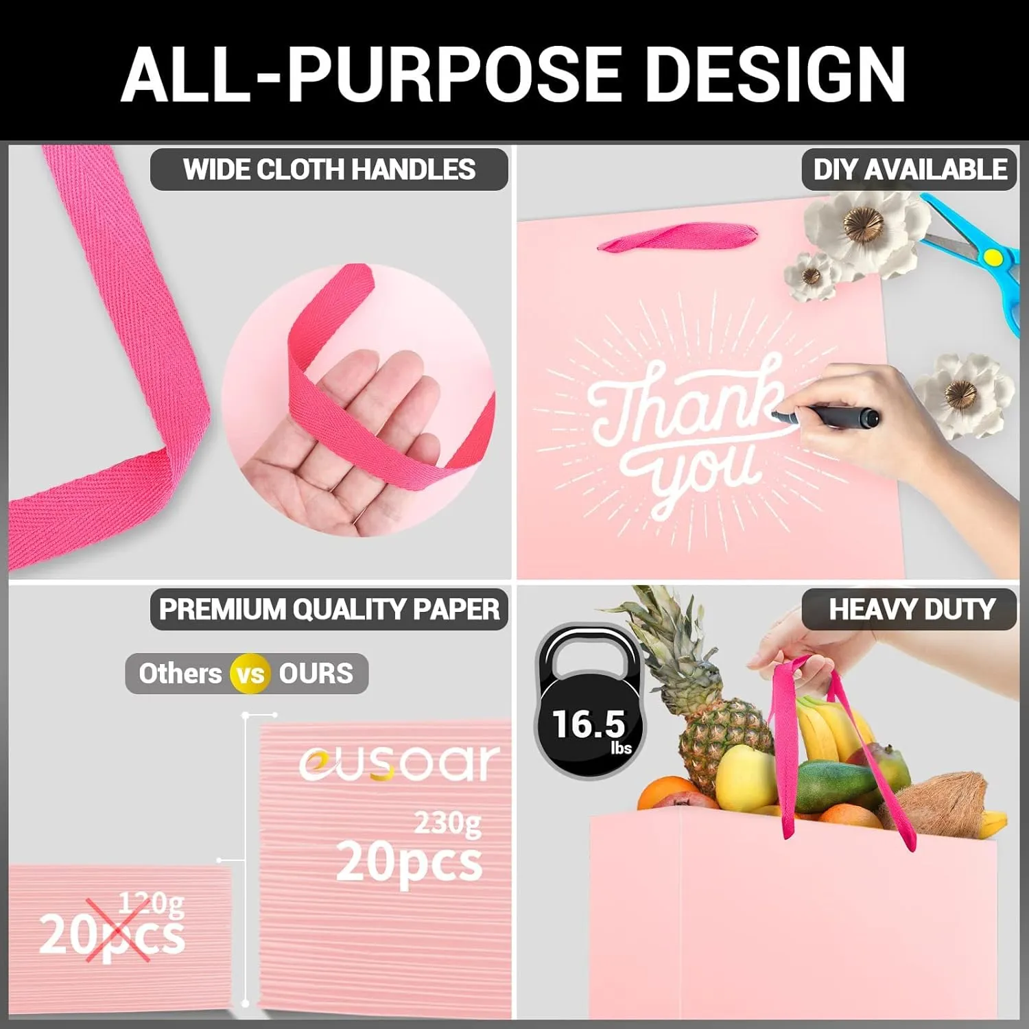 EUSOAR Kraft Paper Bags, 3 Sizes, 30pcs Pink Recyclable Sturdy Kraft Bags for Business & Craft, Birthday Presents