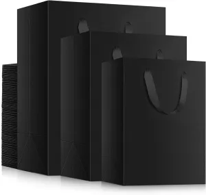 EUSOAR Kraft Paper Bags - 30pcs, 3 Sizes Gift Wrap Bags with Ribbon Handles, Recyclable, Wedding, Cosmetics Pouches - Black