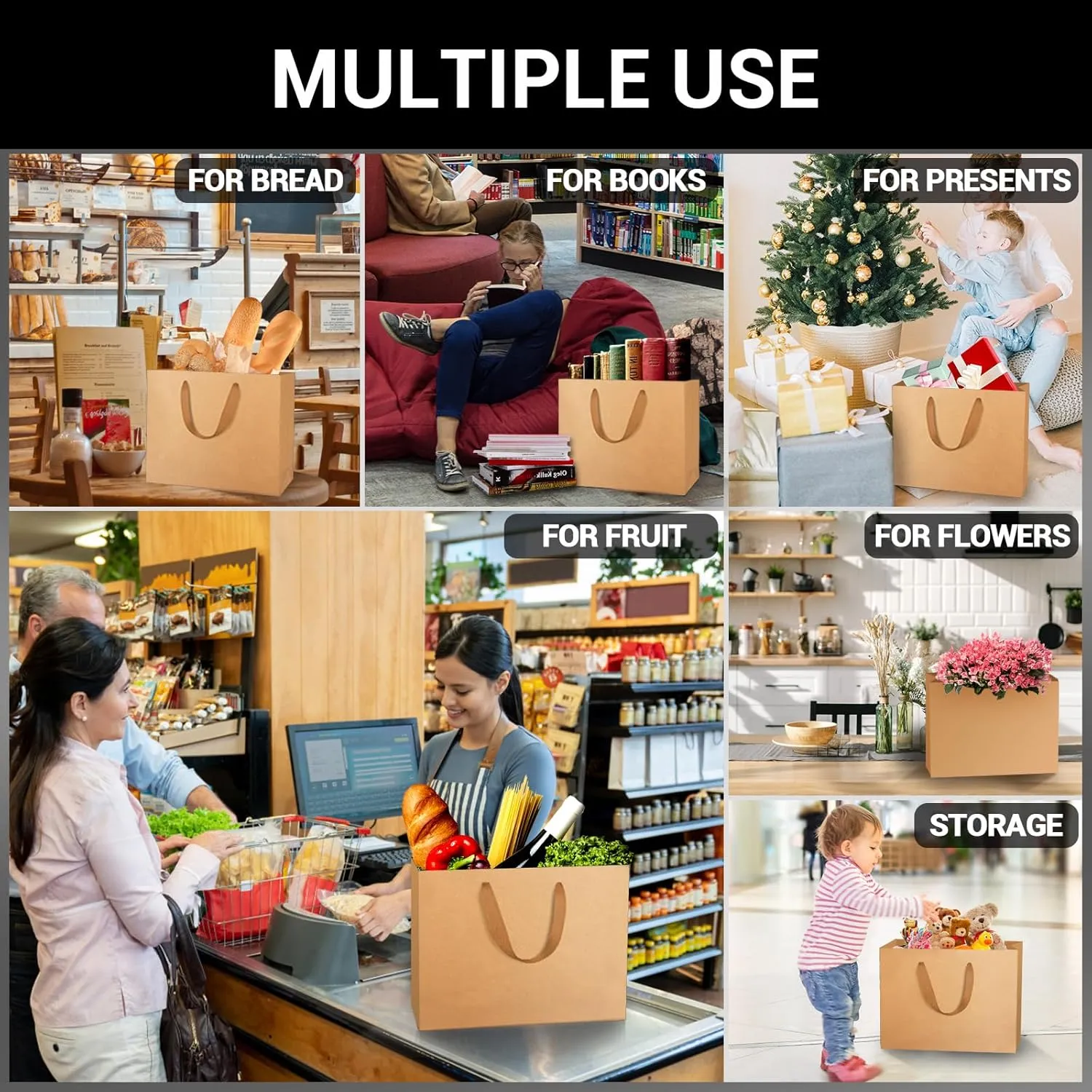 EUSOAR Kraft Paper Gift Bags, 25pcs Small 10.6"x3.1"x8.3" Brown Sturdy Heavy Duty Shopping Bags with Handle Bulk, Retail, Boutique, Business,Wedding Party Favor,Grocery,Restaurant Merchandise Bag