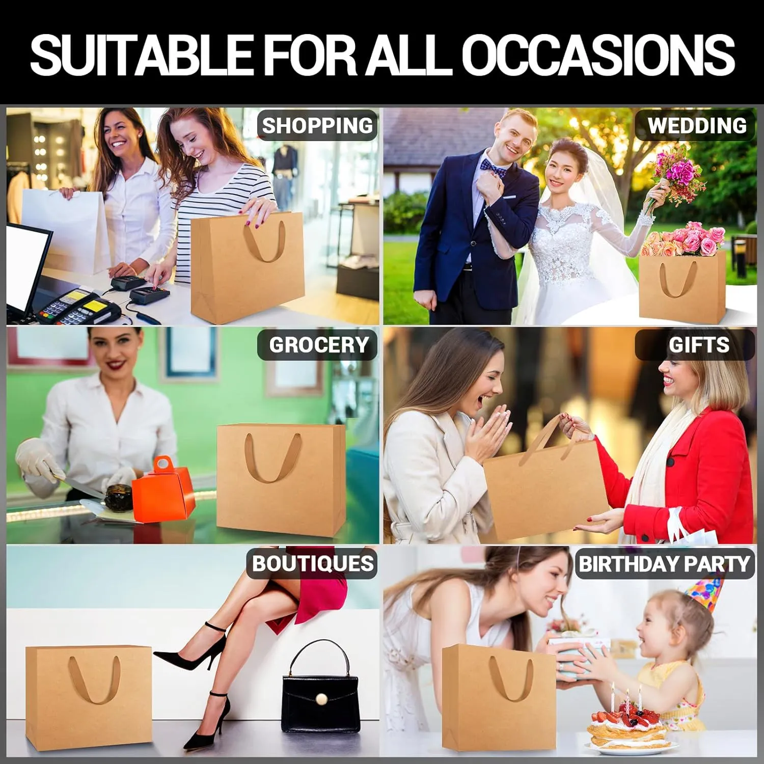 EUSOAR Kraft Paper Gift Bags, 25pcs Small 10.6"x3.1"x8.3" Brown Sturdy Heavy Duty Shopping Bags with Handle Bulk, Retail, Boutique, Business,Wedding Party Favor,Grocery,Restaurant Merchandise Bag