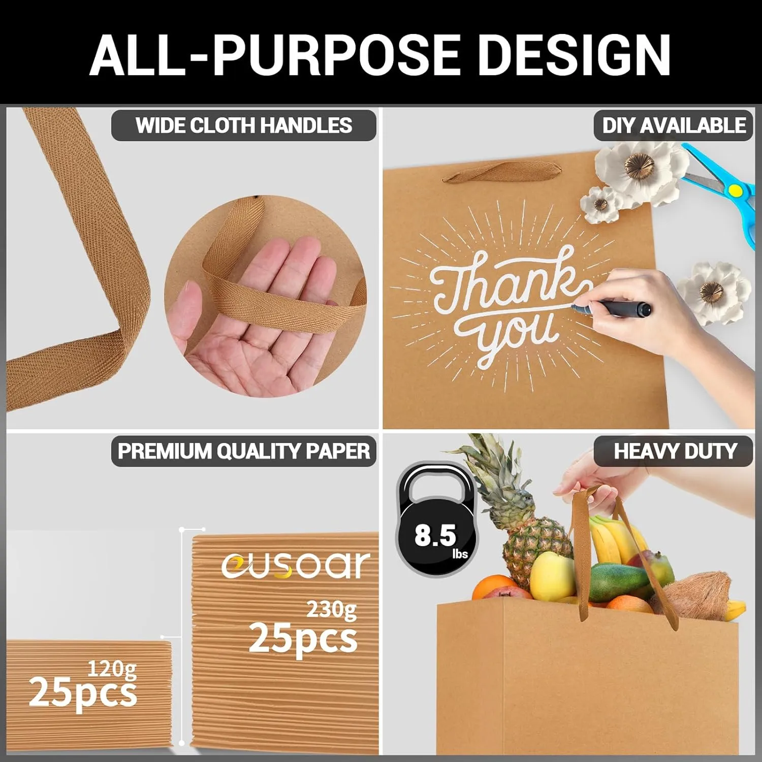 EUSOAR Kraft Paper Gift Bags, 25pcs Small 10.6"x3.1"x8.3" Brown Sturdy Heavy Duty Shopping Bags with Handle Bulk, Retail, Boutique, Business,Wedding Party Favor,Grocery,Restaurant Merchandise Bag