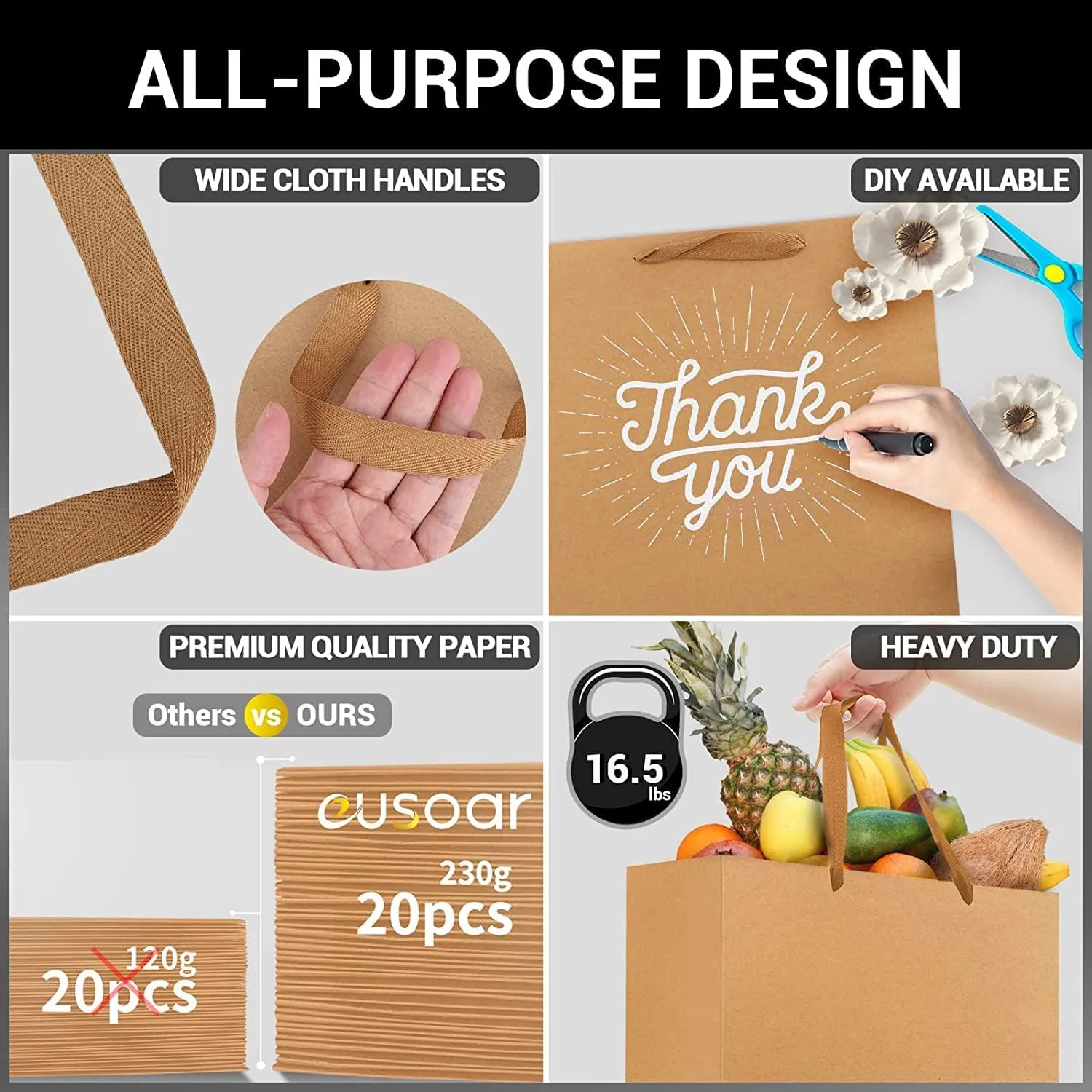 EUSOAR Kraft Paper Handle Bags - 3 Sizes Combination, 30pcs - Shopping, Present, Retail, Craft, Party, Environmental Bags - Horizontal Version