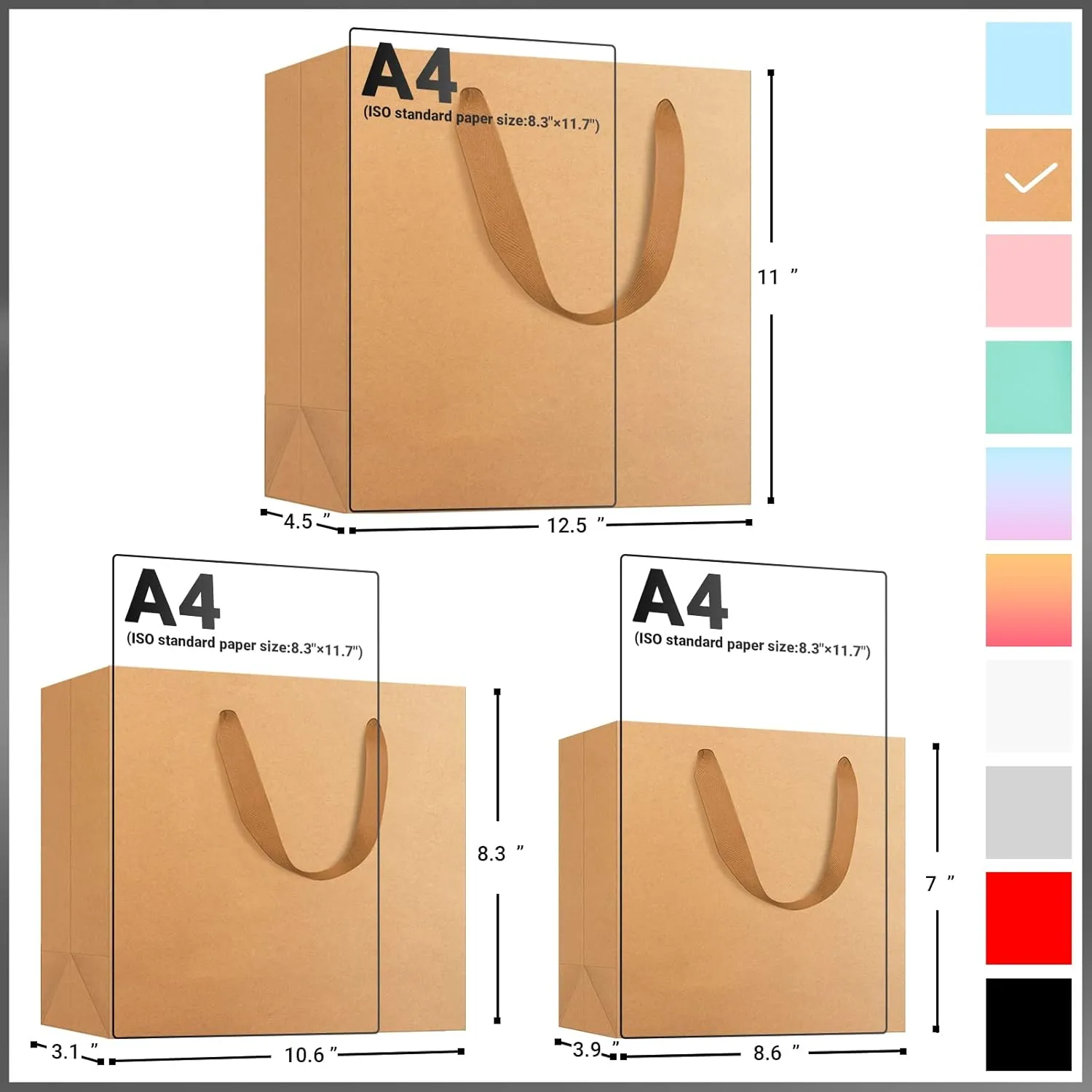 EUSOAR Kraft Paper Handle Bags - 3 Sizes Combination, 30pcs - Shopping, Present, Retail, Craft, Party, Environmental Bags - Horizontal Version