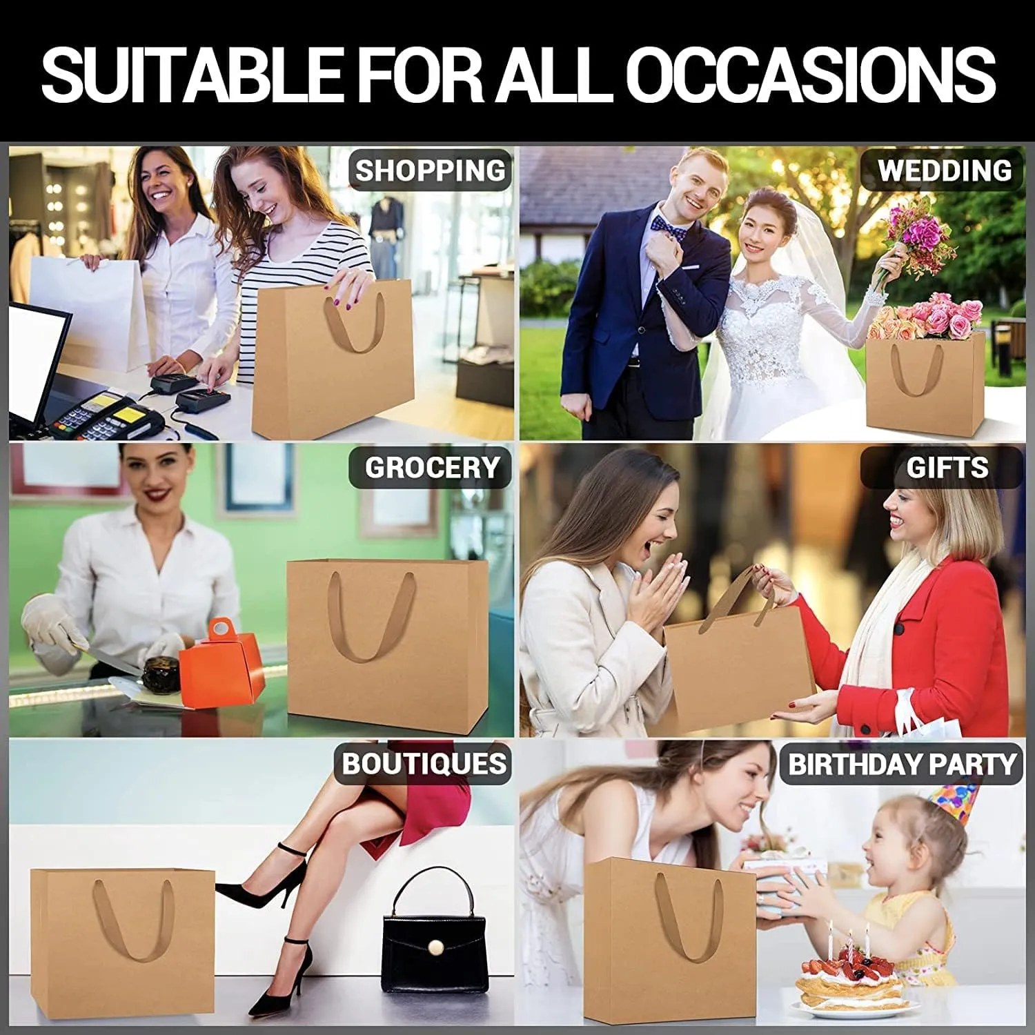 EUSOAR Kraft Paper Handle Bags - 3 Sizes Combination, 30pcs - Shopping, Present, Retail, Craft, Party, Environmental Bags - Horizontal Version
