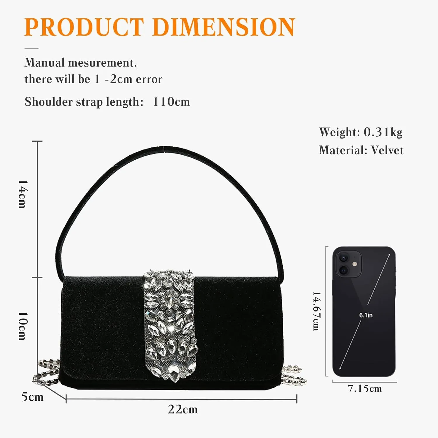 Evening Bag for Women Rhinestone Clutch Bag Sparkly Crystal Handbag Bridal Wedding Purse Glitter Shoulder Bag