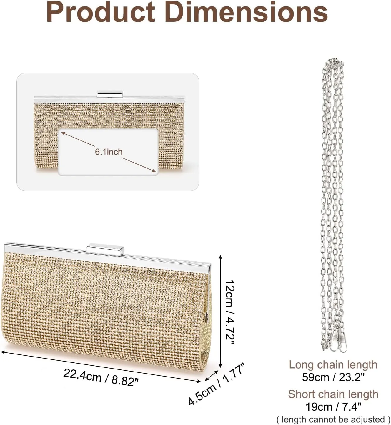 Evening Bags Clutch Purses for Women Formal, Crystal Rhinestone Purse Handbag Crossbody Bag with Chain Shoulder Bag Sparkly for Wedding Guest Party Gold