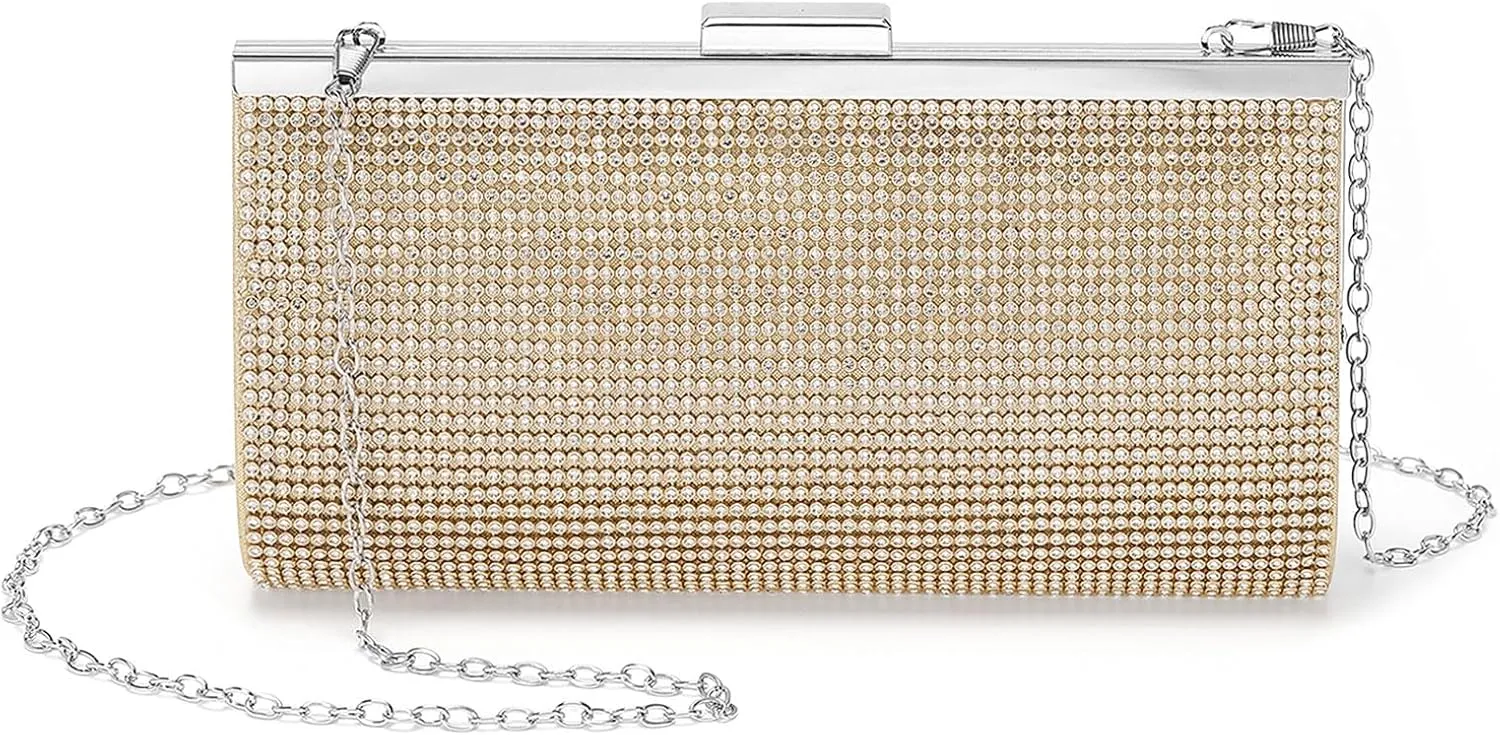Evening Bags Clutch Purses for Women Formal, Crystal Rhinestone Purse Handbag Crossbody Bag with Chain Shoulder Bag Sparkly for Wedding Guest Party Gold