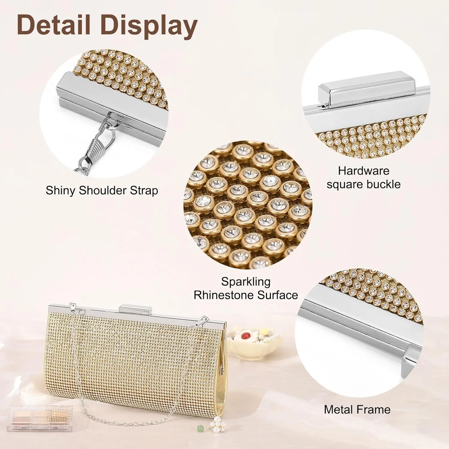 Evening Bags Clutch Purses for Women Formal, Crystal Rhinestone Purse Handbag Crossbody Bag with Chain Shoulder Bag Sparkly for Wedding Guest Party Gold
