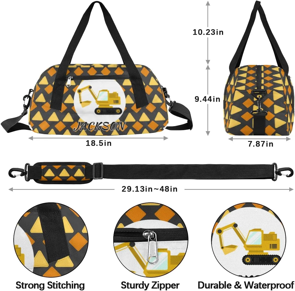 Excavator Car Custom Name Kids Overnight Duffel Bags Boys Cool Truck Personalized Sport Gym Bag Customized Duffel Bag for Travel Weekender Practice Gymnastics