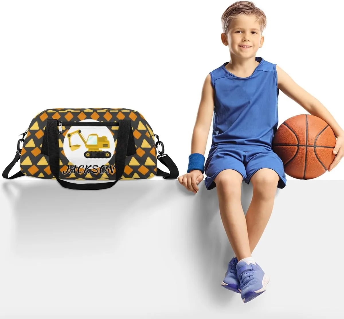 Excavator Car Custom Name Kids Overnight Duffel Bags Boys Cool Truck Personalized Sport Gym Bag Customized Duffel Bag for Travel Weekender Practice Gymnastics