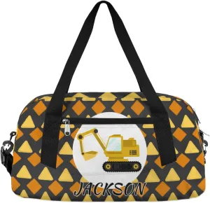 Excavator Car Custom Name Kids Overnight Duffel Bags Boys Cool Truck Personalized Sport Gym Bag Customized Duffel Bag for Travel Weekender Practice Gymnastics