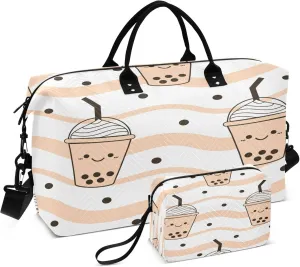 Exnundod Bubble Milk Green Tea Cups Travel Duffel Bags for Women Stripes Sports Gym Bag Weekender Carry On Tote Overnight Luggage Duffle Bags