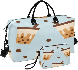 Exnundod Bubble Milk Green Tea Travel Duffel Bags for Women Cartoon Sports Gym Bag Weekender Carry On Tote Overnight Luggage Duffle Bags