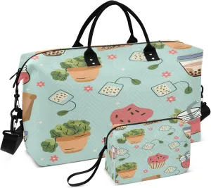 Exnundod Bubble Tea with Green Leaves Travel Duffel Bags for Women Sports Gym Bag Weekender Carry On Tote Overnight Luggage Duffle Bags