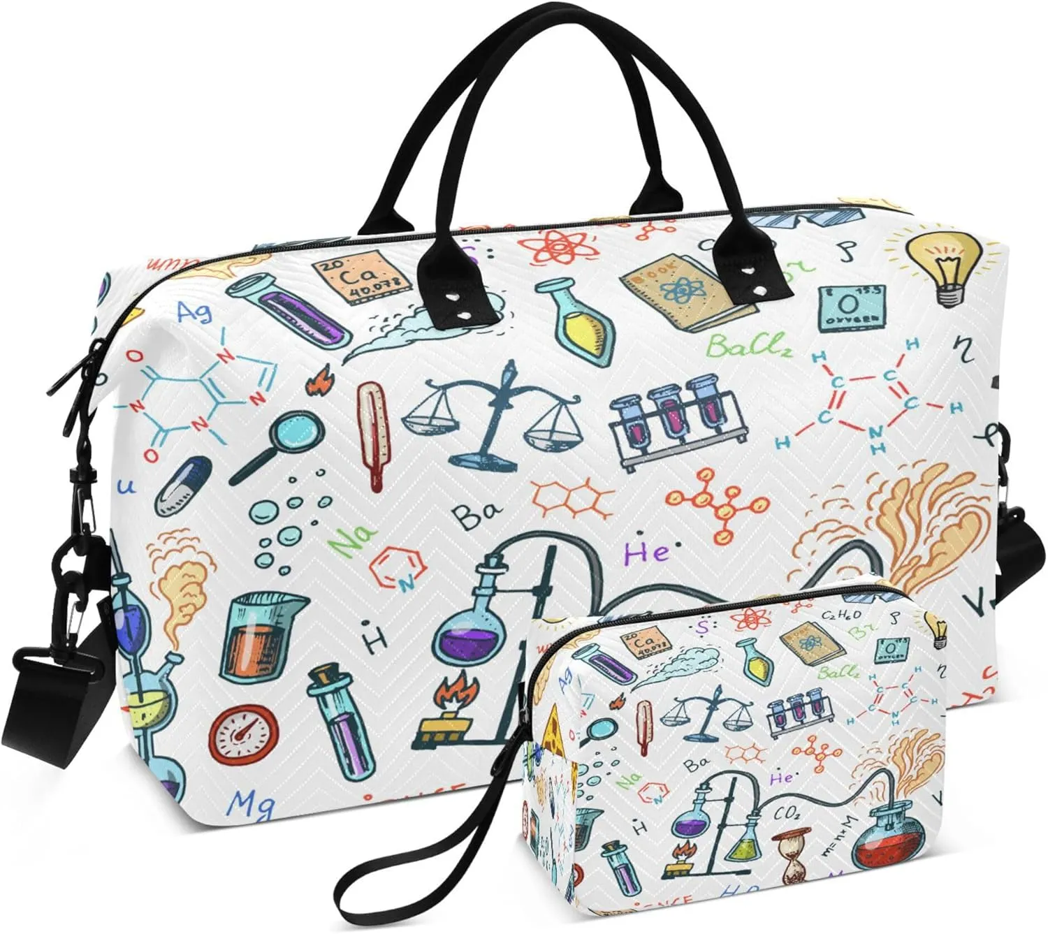 Exnundod Cartoon Chemical Symbol Travel Duffel Bags for Women Chemistry Icons Set Sports Gym Bag Weekender Carry On Tote Overnight Luggage Duffle Bags