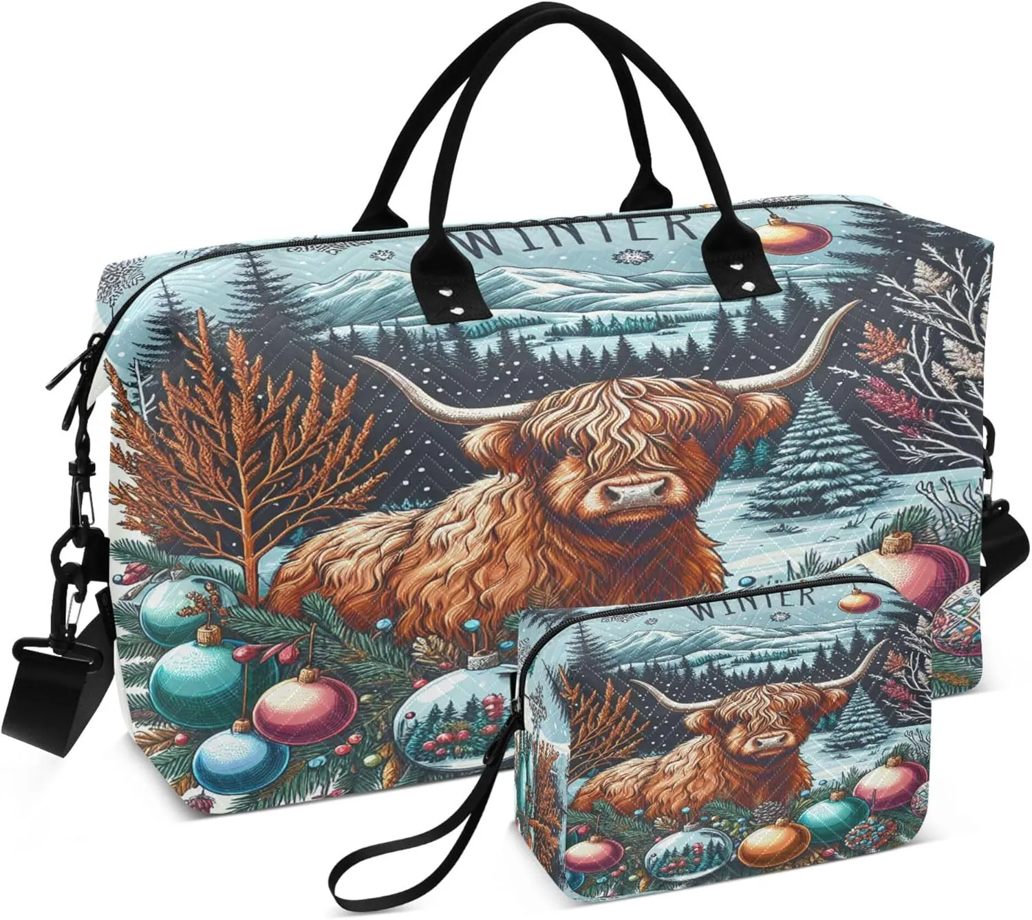 Exnundod Highland Cow Christmas Ball Travel Duffel Bags for Women Hello Winter Sports Gym Bag Weekender Carry On Tote Overnight Luggage Duffle Bags