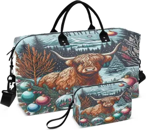 Exnundod Highland Cow Christmas Ball Travel Duffel Bags for Women Hello Winter Sports Gym Bag Weekender Carry On Tote Overnight Luggage Duffle Bags
